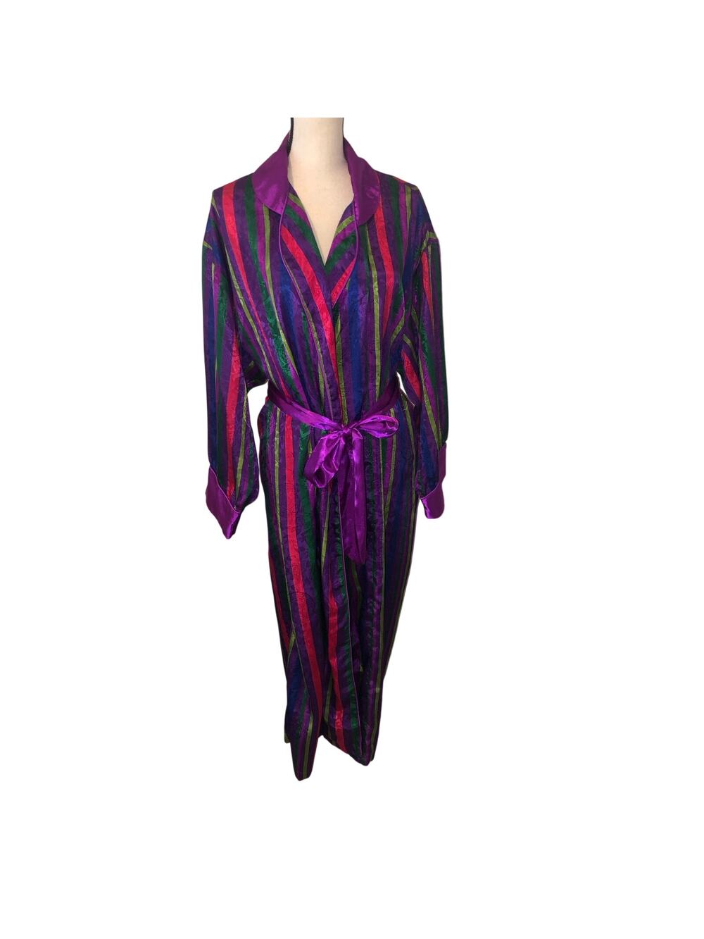 VS Gold Label 90s Vintage Robe Jewel Tone Striped Satin Purple Wrap Belt M/L